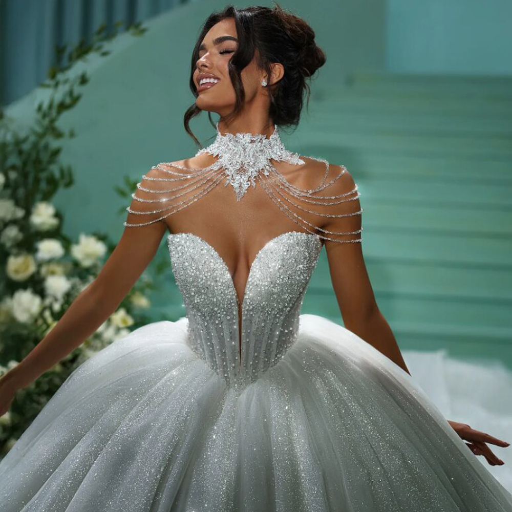 Maßgeschneiderte Glitzer-Prinzessin-Hochzeitskleider 2025, mit Perlen verziert, Ballkleid, Brautkleid, Schatz, Perlen, Kathedrale, Vestidos de Novia