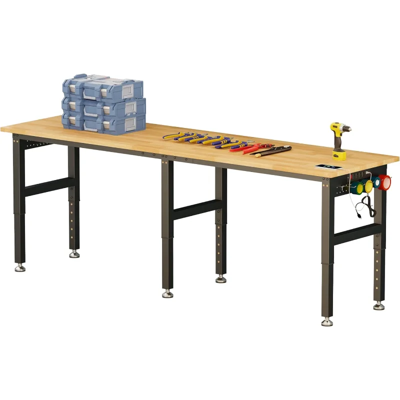 96“ Adjustable Heavy Duty Workbench with 4 AC Outlet and 2 USB Ports Power Outlets, 5000 Lbs Capacity, Rubber Wood Top