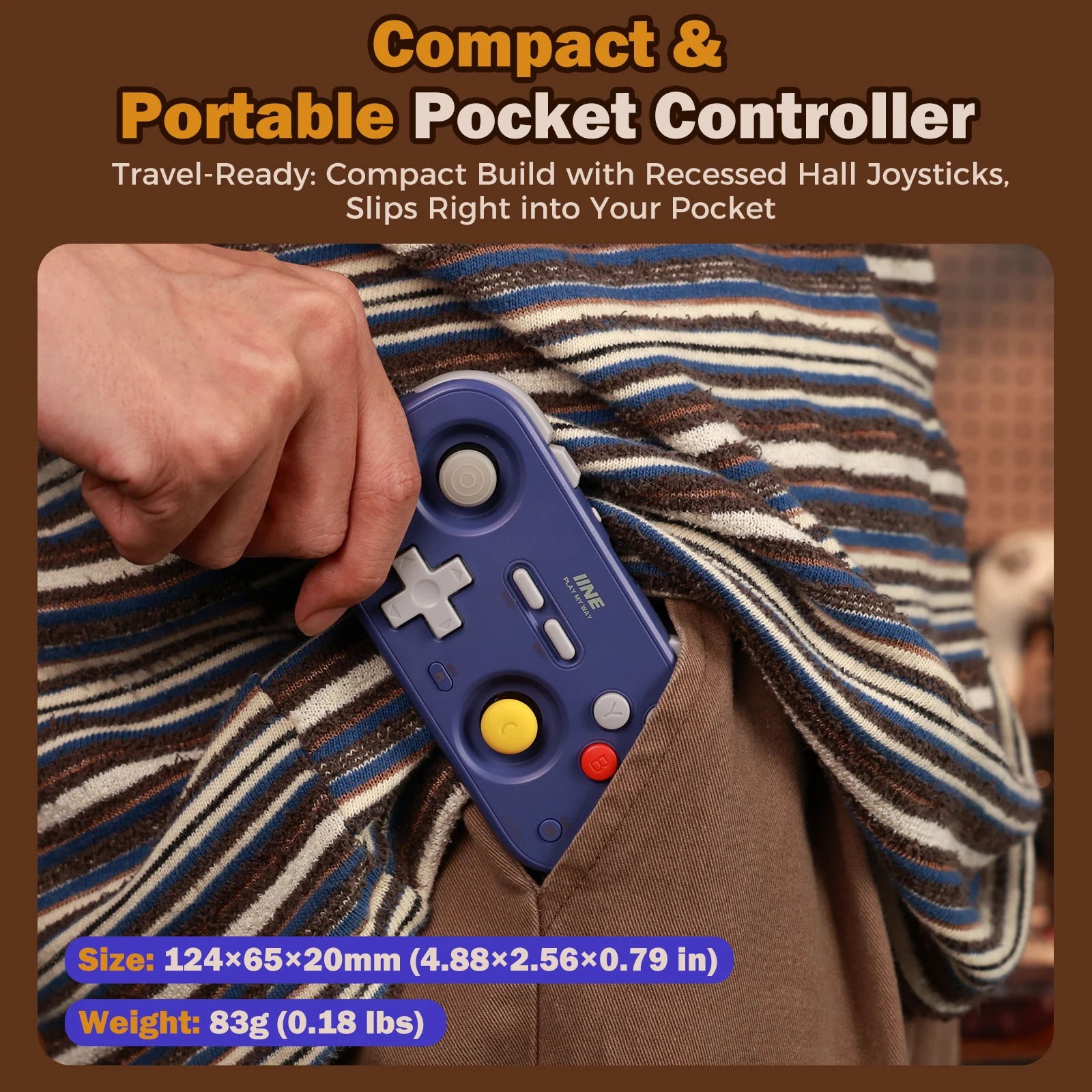 IINE Pocket Retro Game Controller,1000Hz Recessed Stick, Hall Effect Joysticks,Portable Mini Gamepad Customizable Controls