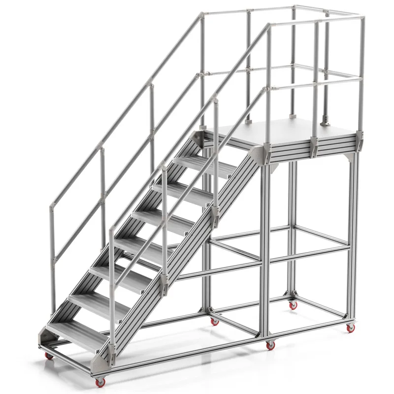 Escaleras de pasillos de aluminio para almacén Industrial de fábrica, plataforma de escalera de aluminio, sistema de reparación, escaleras de plataforma con ruedas