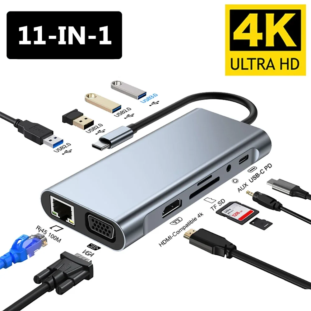 HUB USB C 4K 30Hz Type C vers HDMI, adaptateur USB 3.0 11 en 1, station d'accueil PD 87W, séparateur USB C pour MacBook Pro Air