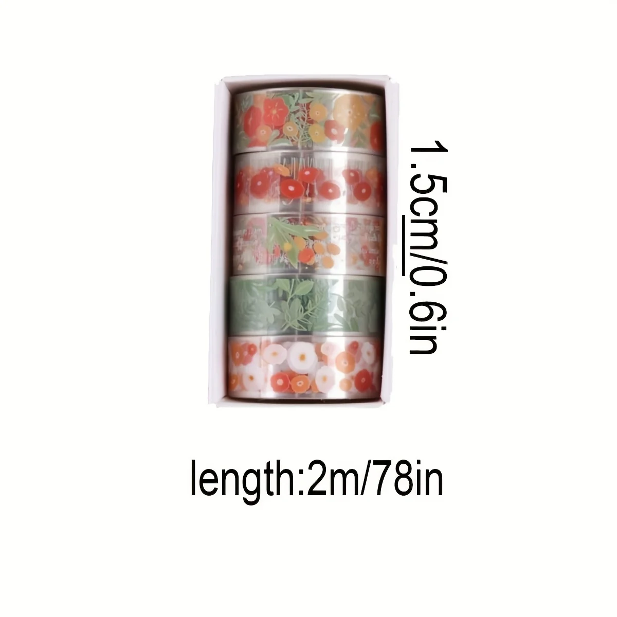 5 rotoli/scatola di nastro washi floreale vintage, piccolo nastro decorativo floreale trasparente in materiale PET, un regalo indispensabile per gli amici