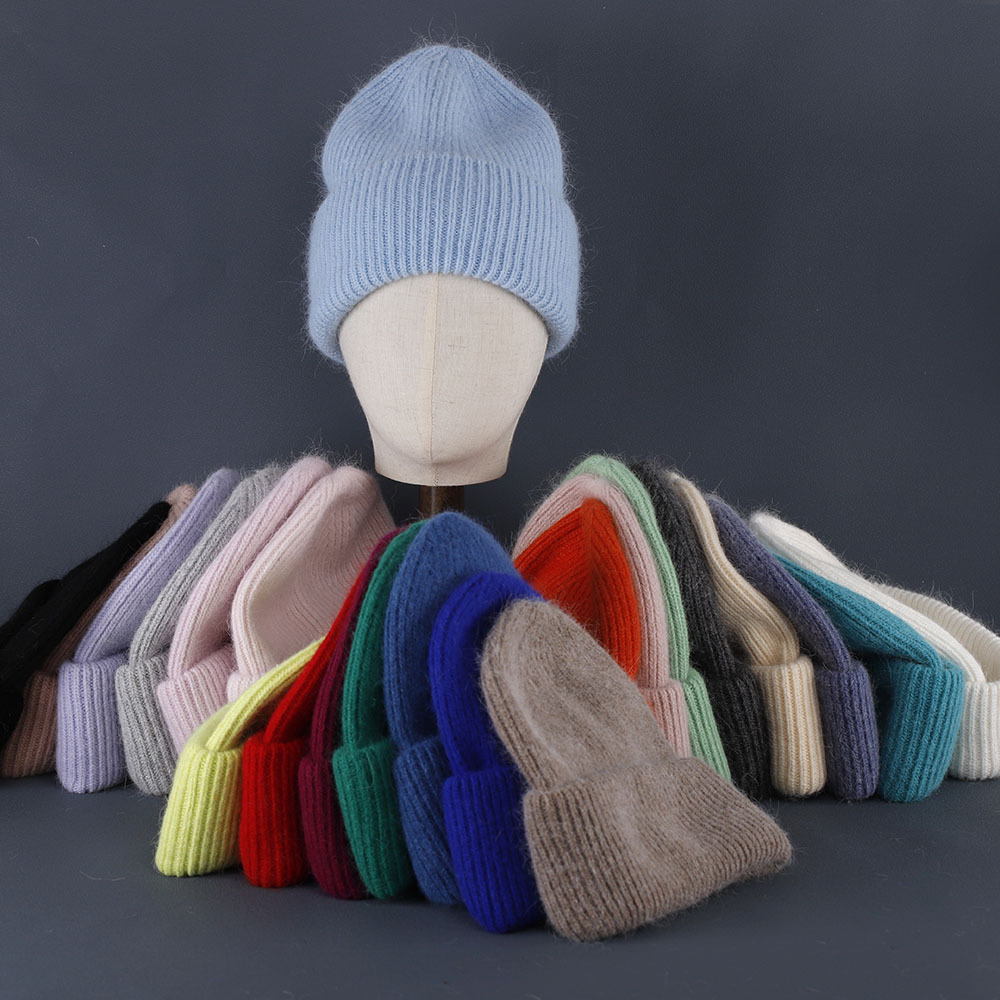 冬暖かいアンゴラビーニー帽子女性ガールズウサギの毛皮ふわふわニットキャップ耳介ソフト暖かいスキー雪屋外 Skullies