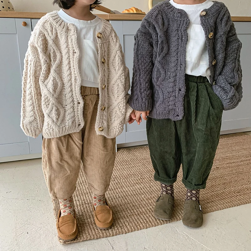 1 2 3 4 5 6 7 8 Years Girls Knitted Sweater Cardigan New Fashion Baby Coarse Wool Hemp Retro Cardigan Boys Coat Kids Clothes