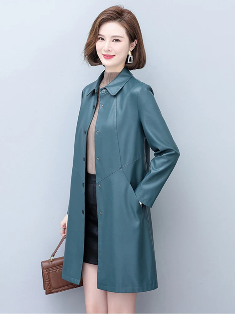 Neu Frauen Frühling Herbst Ledermantel Lässig Mode Plus Baumwoll-Futter Mittellang Lose Schafsfell Trenchcoat Mutter Oberbekleidung