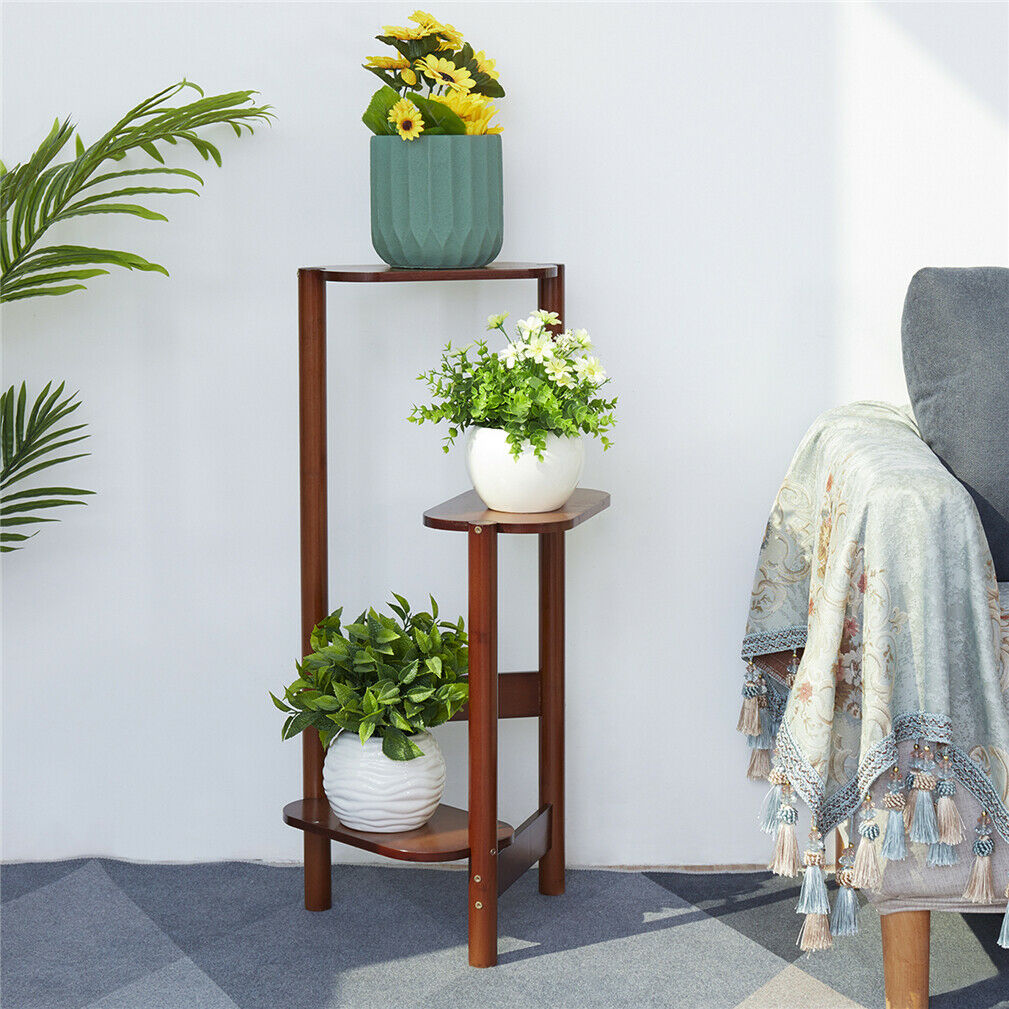 3 Tier Bamboo Corner Plant Stand Simplicity Flower Pot Holder Shelf Indoor High Low Display Indoor Outdoor