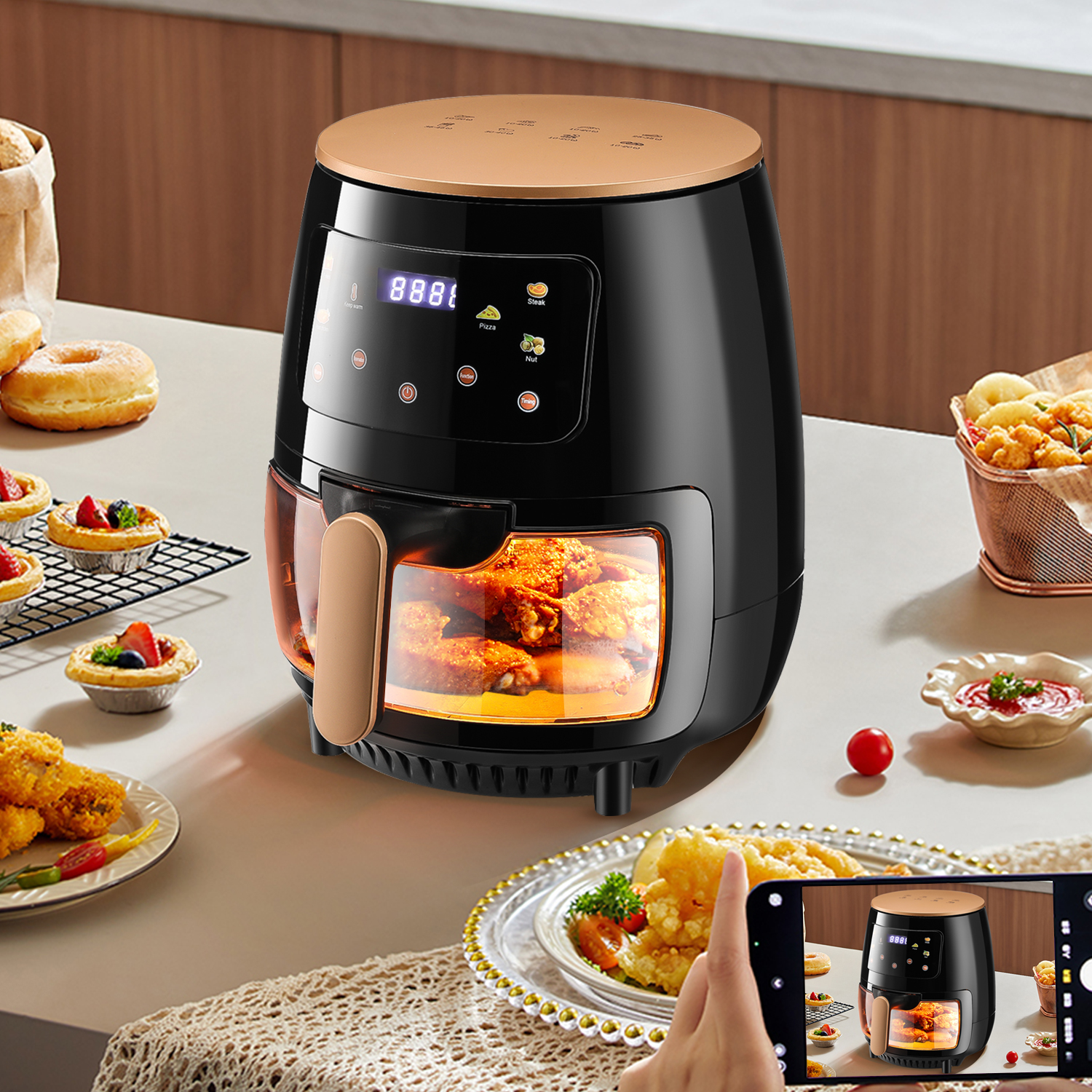 Heißluftfritteuse 6L Friteuse Heissluft ohne Öl XL, Air Fryer mit Sichtfenster LED-Touchscreen, 8 Programmen luftfritteuse 1400W, Einstellbare Temperaturregelung Gute Grillergebnisse