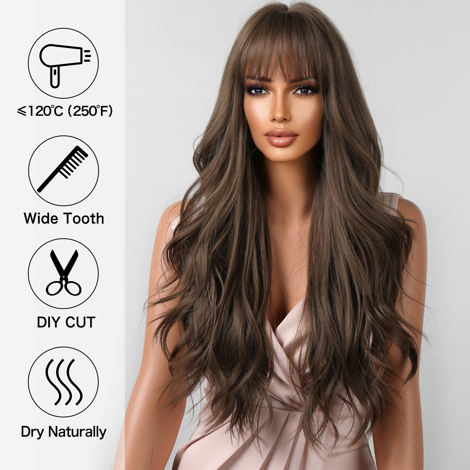 Parrucche ondulate marroni per donne con frangia Parrucca lunga per capelli sintetici naturali Cosplay quotidiana resistente al calore