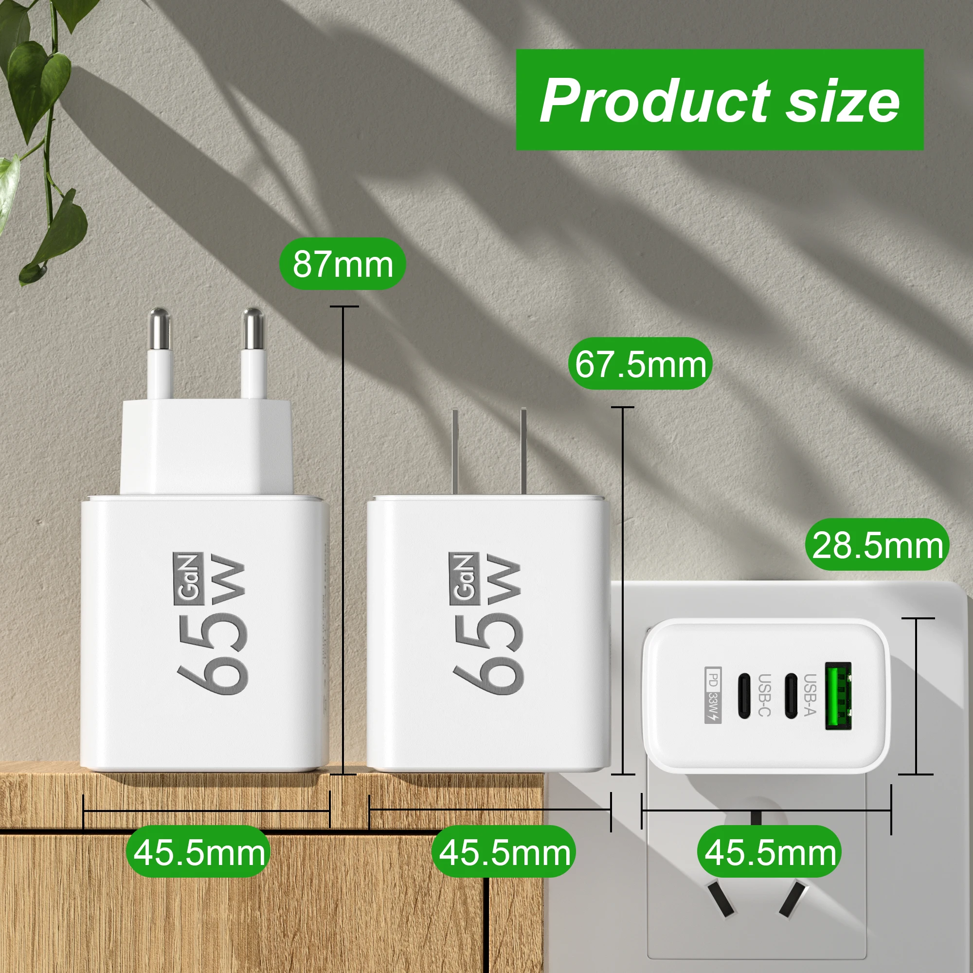 3 Ports Total 65W USB PD GaN Charger Type C Fast Charging Phone Charger Adapter For iPhone15 Xiaomi Samsung Oneplus Wall Adapter