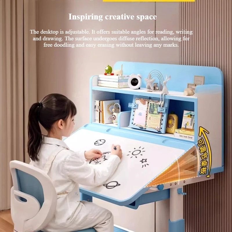 2Pcs/Set Height Adjustable Children School Study Table Chair Set Kids Study Desk Chair Set with Sitting Corrector and Book Stand