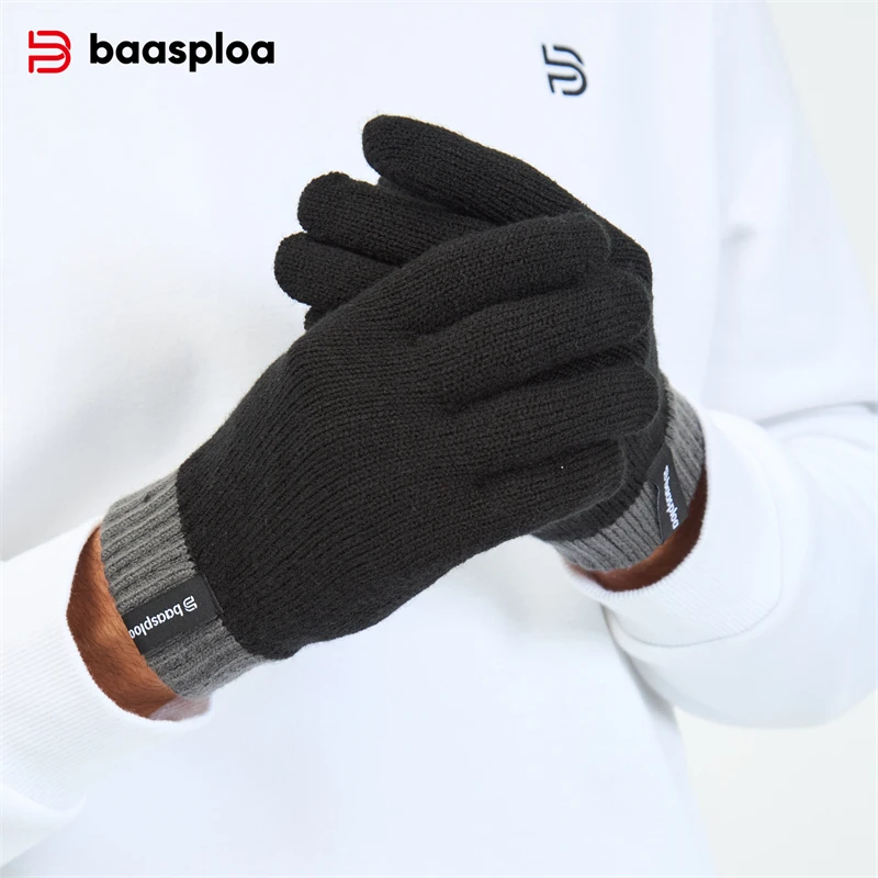 Baasploa New Men Knitted Gloves Autumn Fashion Solid Thicken Warm Full Fingered Gloves Female Casual Winter Stretch Plush Gloves