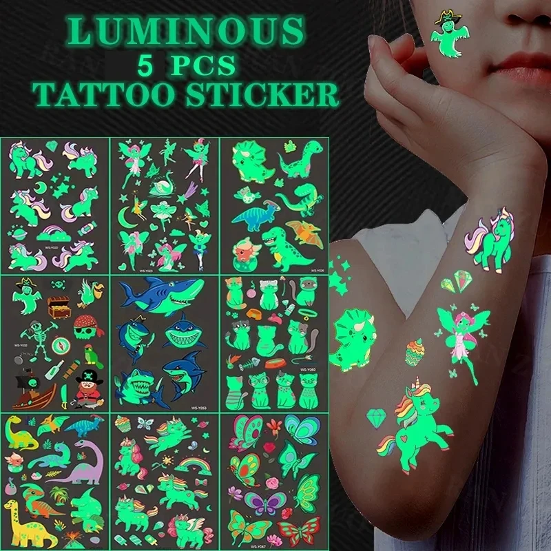 5 unid/set de pegatinas de tatuaje que brillan en la noche, tatuaje temporal para niños, unicornio, Hada, Animal, decoraciones para fiestas, pegatinas de tatuaje fluorescentes