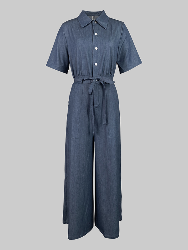 Modigirl blauwe dames jumpsuit met korte mouwen, zomer, originele creatie, button-down wijde pijpen, lange broek, rompertjes met zakken