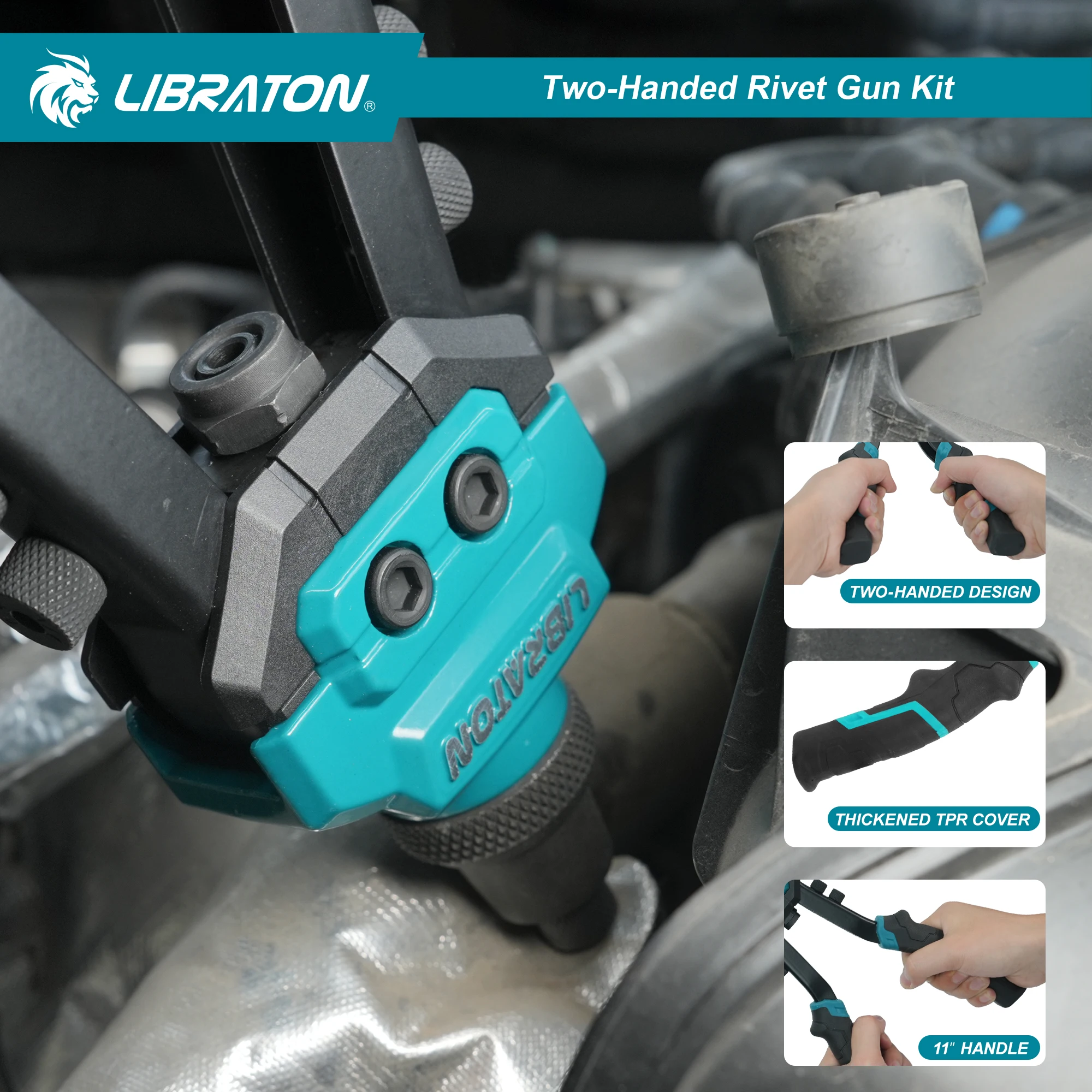 LIBRATON 261PCS Pop Rivet Gun Kit with 11-Inch Heavy Duty Rivet Gun, 250 Rivets, 5 Nozzles, 5 Drill Bits, Two-Handed Rivet Tools