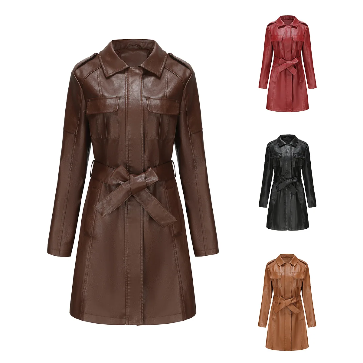 Trench-coat en Faux cuir pour femmes, col rabattu, manches longues, mi-long, à lacets, taille serrée, coupe cintrée, décontracté, régulier, solide