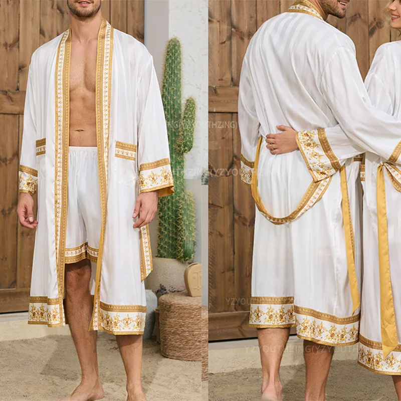 Männer Robe Nachtwäsche Barock Stil Druck Kimono Satin Peignoire De Douche Homme Paar Bademantel Nachtwäsche Bräutigam Lose Robe