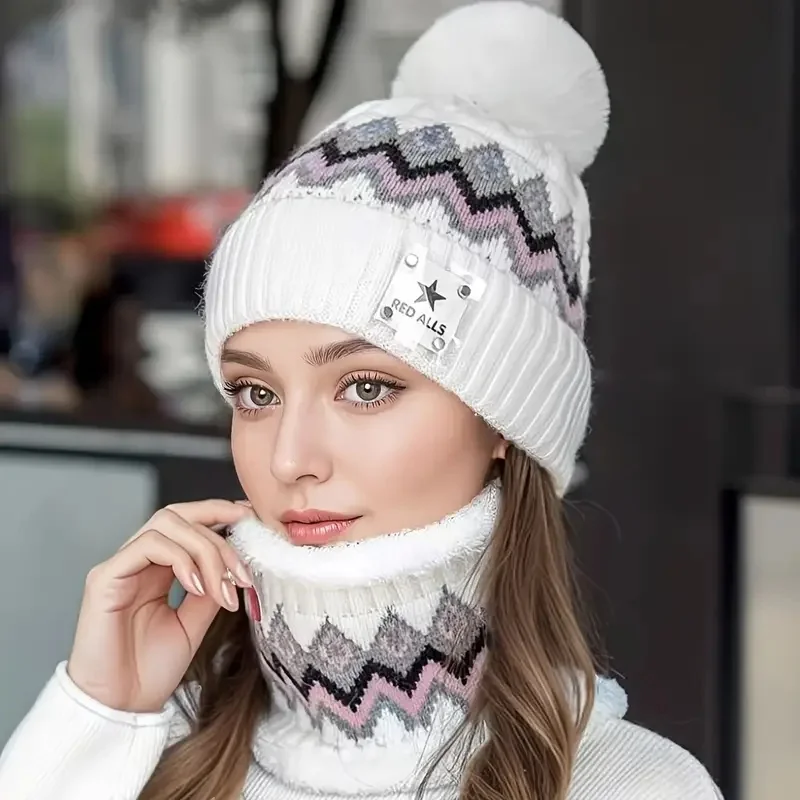 Set da 2 pezzi scaldacollo e cappello foderato in pile combinato per ciclismo all'aperto autunno/inverno, berretto spesso lavorato a maglia