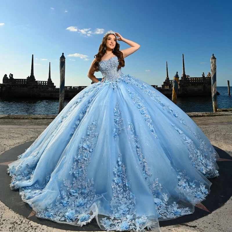 Angelsbridep dostosowana błękitna suknia balowa 15-letnie sukienki na Quinceanera 2025 z kokardkami aplikacje słodka 16 suknia wieczorowa