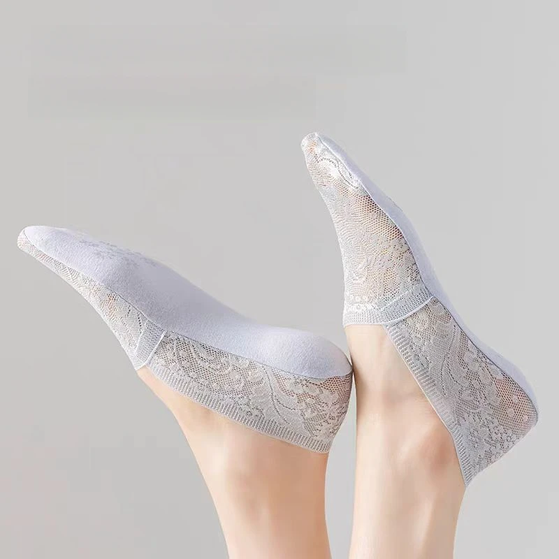 5 pares de calcetines tobilleros invisibles antideslizantes de verano a la moda para mujer con calcetines estilo flor de encaje