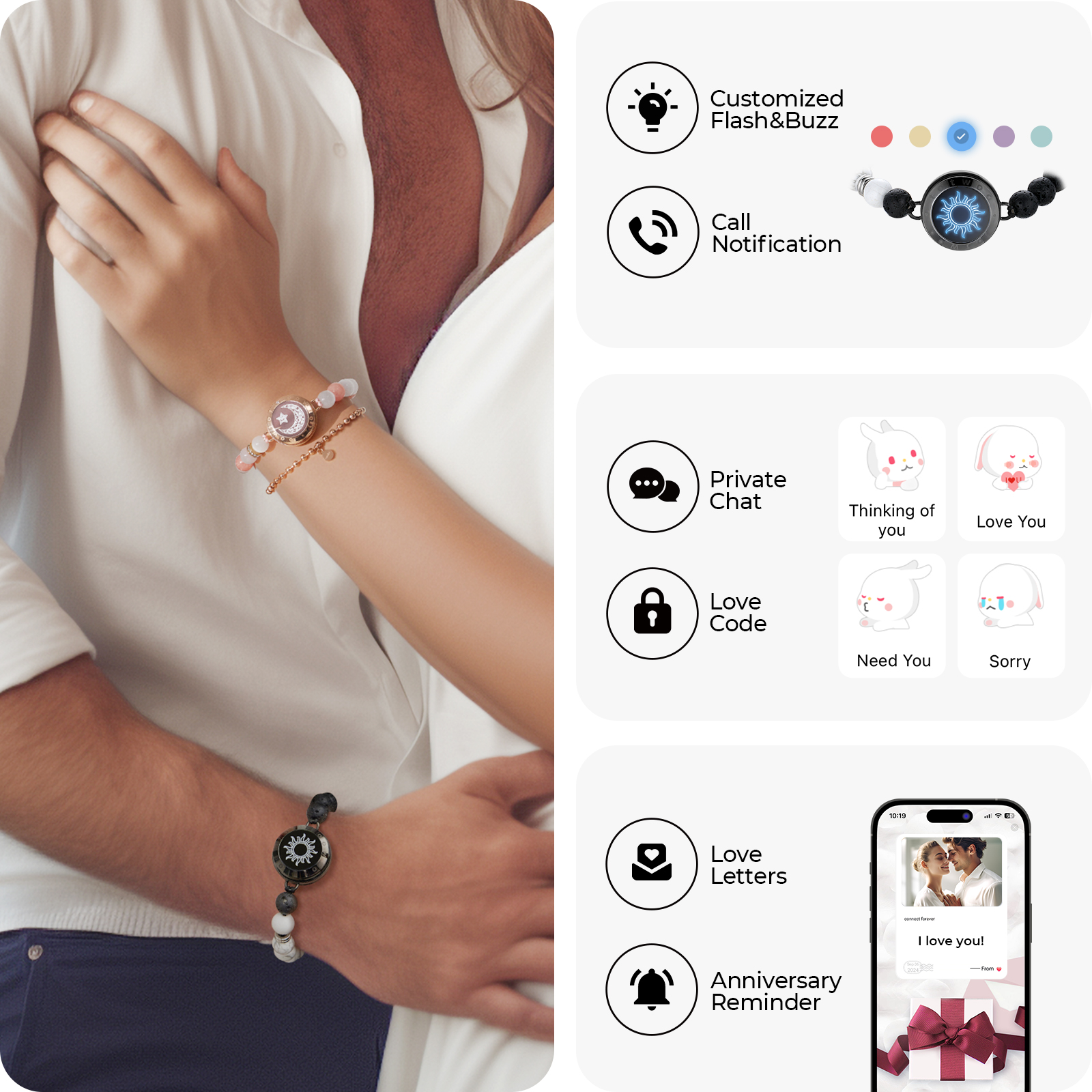 TOTWOO Pulseiras de toque de longa distância para casais, presentes com vibração e iluminação para namorada, joias de emparelhamento Bluetooth