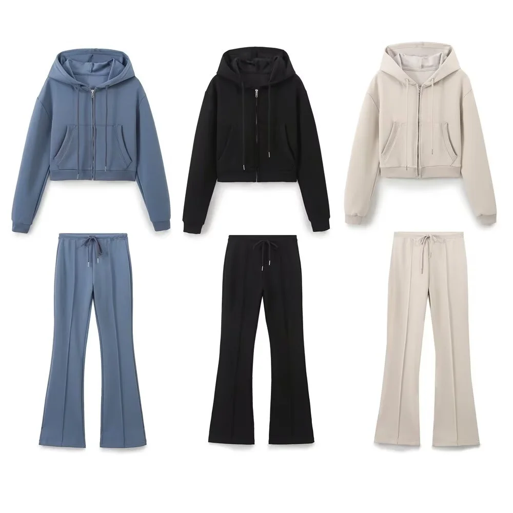 Herbst neue Damen modische lässige Reißverschluss Dekoration Kapuze langärmelige Sweatshirt Jacke Trompete Hosen Set