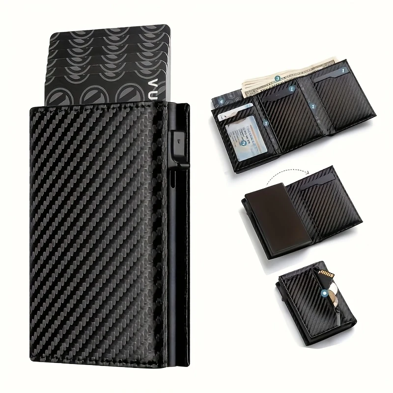 Cartera para hombre con cremallera monedero automático emergente tarjetero de Metal minimalista RFID bloqueo tarjeta de visita cartera Idea