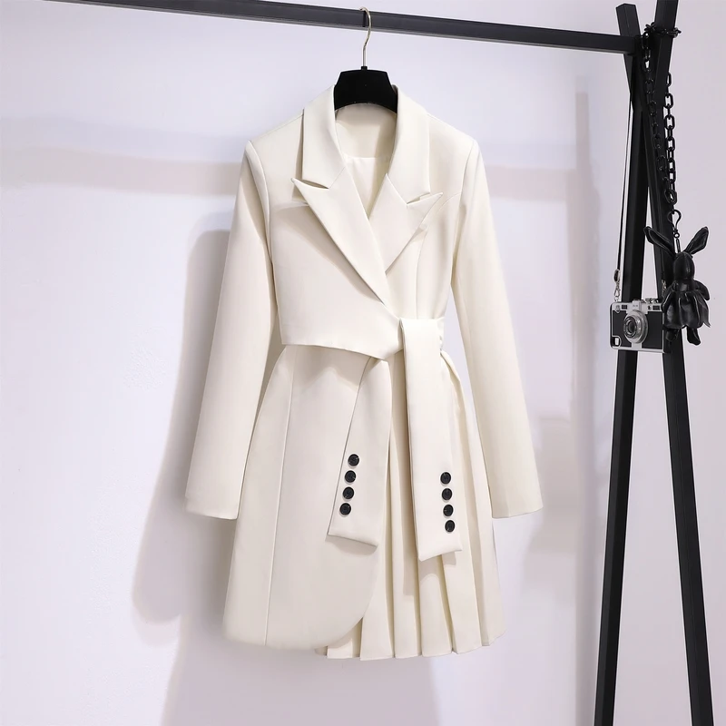 Blazer Frauen 2025, Frühjahr Neue Mode Frauen Kleidung Anzug Rock Jacke Gürtel Taille Dünne Klage Frauen Blazer Langen Mantel Schwarz Blazer