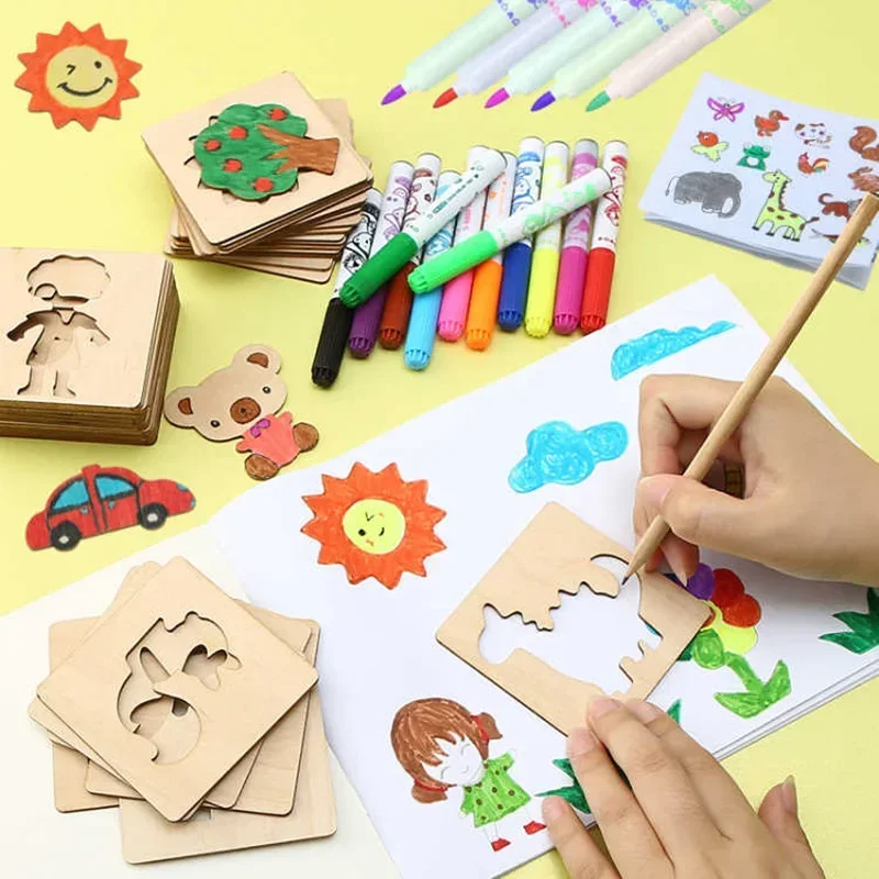 ใหม่ 20/32 ชิ้นเด็กชุดของเล่น DIY ภาพวาดแม่แบบหัตถกรรมไม้การศึกษาสําหรับเด็กอุปกรณ์วาดภาพ