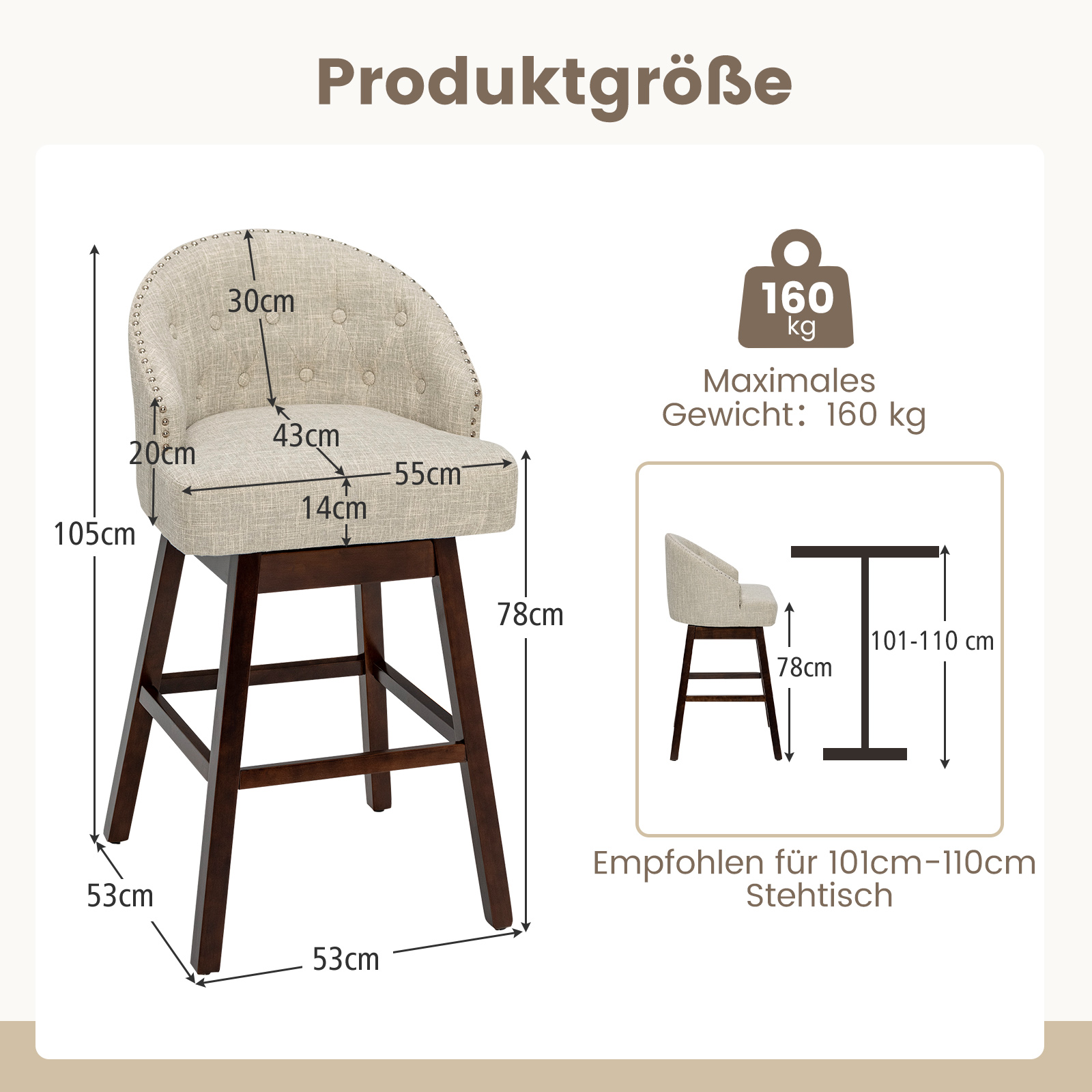 Barhocker 2er Set, Barstuhl 360° drehbar, Küchenhocker mit Lehne und Fußstütze, Sitzhöhe 78cm, Stuhl modern, ideal für Bar