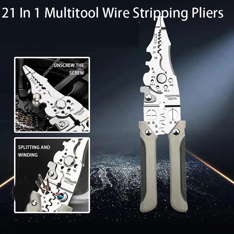 21 in 1 Wire Stripping Pliers Comfortable Non Slip Handle Electrician Hand Tools Multitool Adjustable Automatic Stripper Tool
