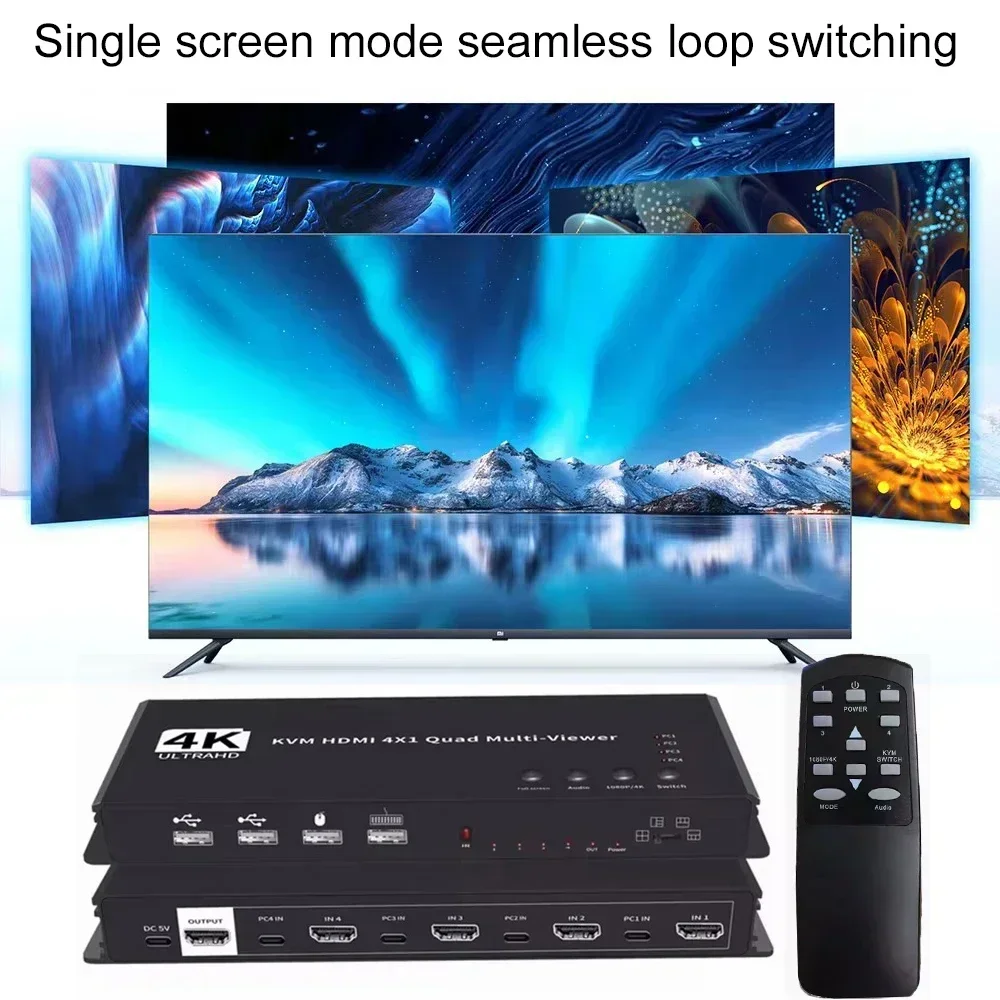 Мультипровер HDMI 1080p 4K 4x1 KVM HDMI Quad Multiviewer 4 В 1 Выход Бесшовный переключатель Поддержка 4 портативных ПК Поделиться мыши и клавиатуры