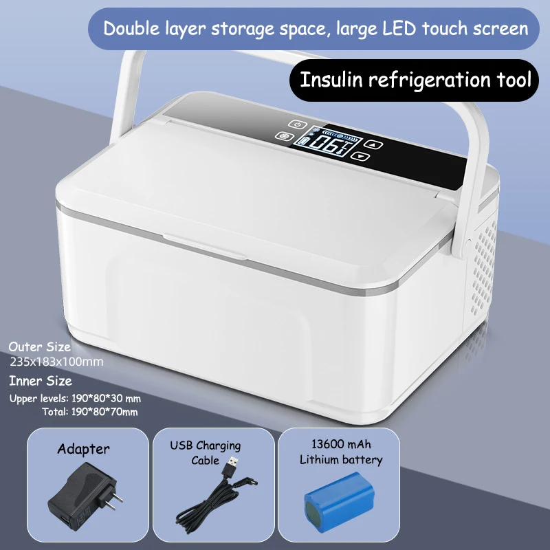 Caja de refrigeración de insulina portátil de dos pisos, herramienta fría de refrigeración de medicina recargable pequeña montada en coche para viajes en el hogar