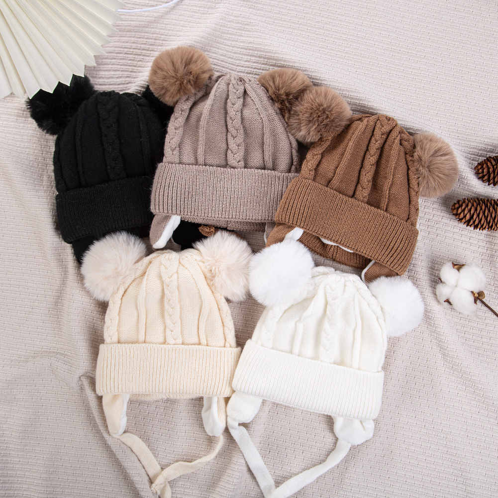 Bonito urso earpuff texturizado malha chapéus pompom bebê meninos meninas grosso quente inverno proteção de orelha bonés forro de algodão crianças headwraps