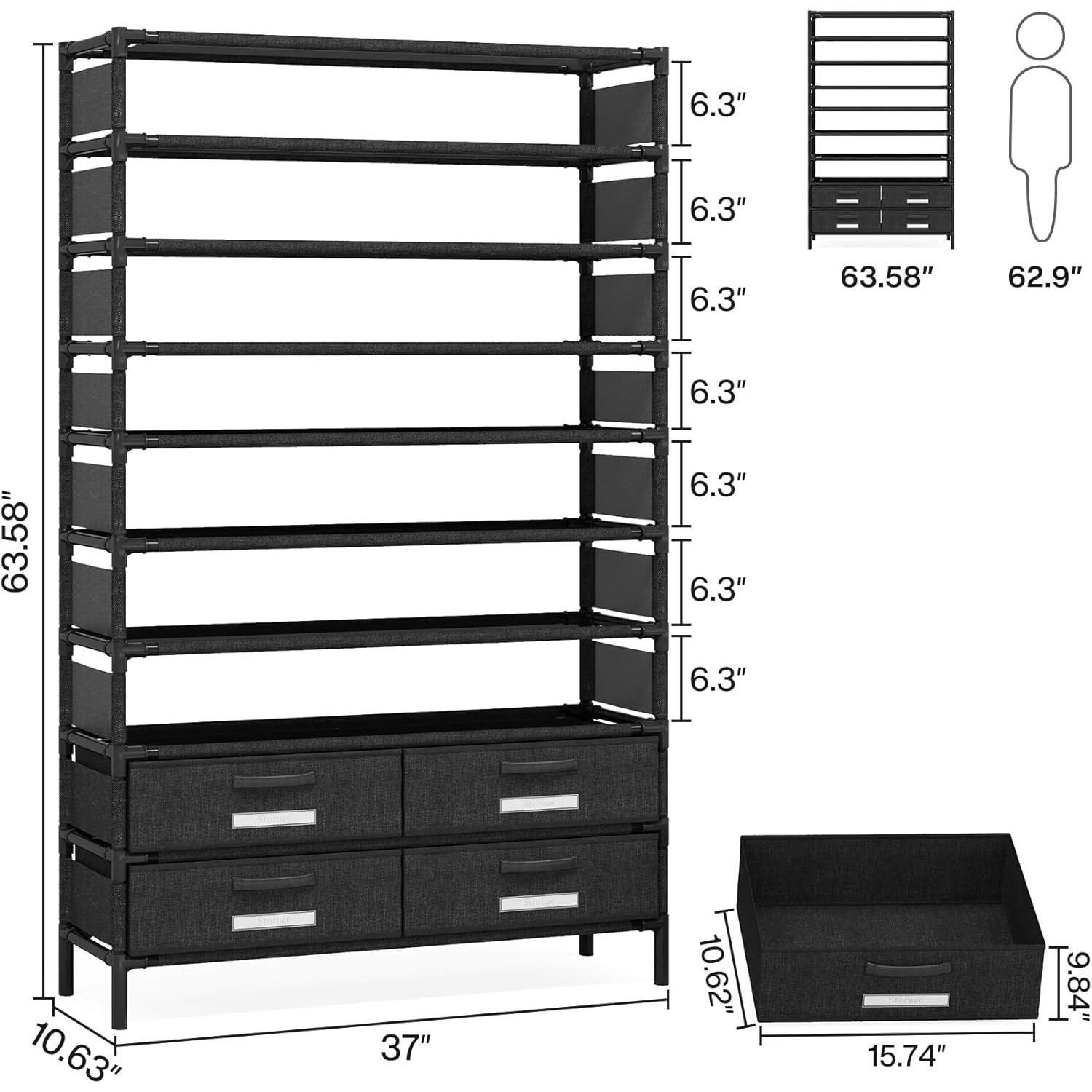 bookshelf with 4 Bins Drawers for Closet Entryway, Vertical Shoe Racks Free Standing wardrobes, clothes rack