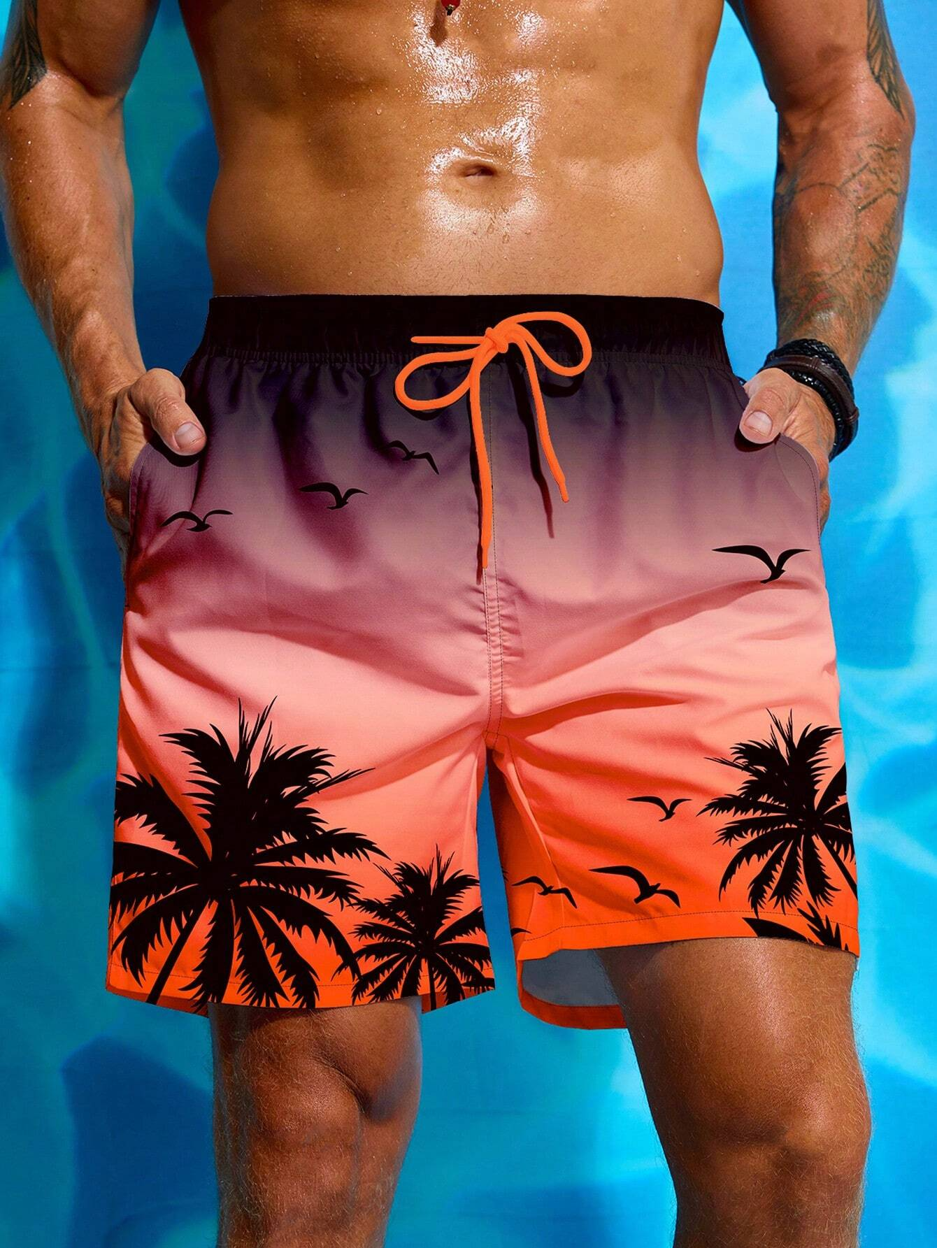 Short de bain respirant avec imprimé palmier pour hommes, short de planche à la taille, maillot de bain à la mode, impression 3D, vacances d'été, proximité, wstring, streetwear
