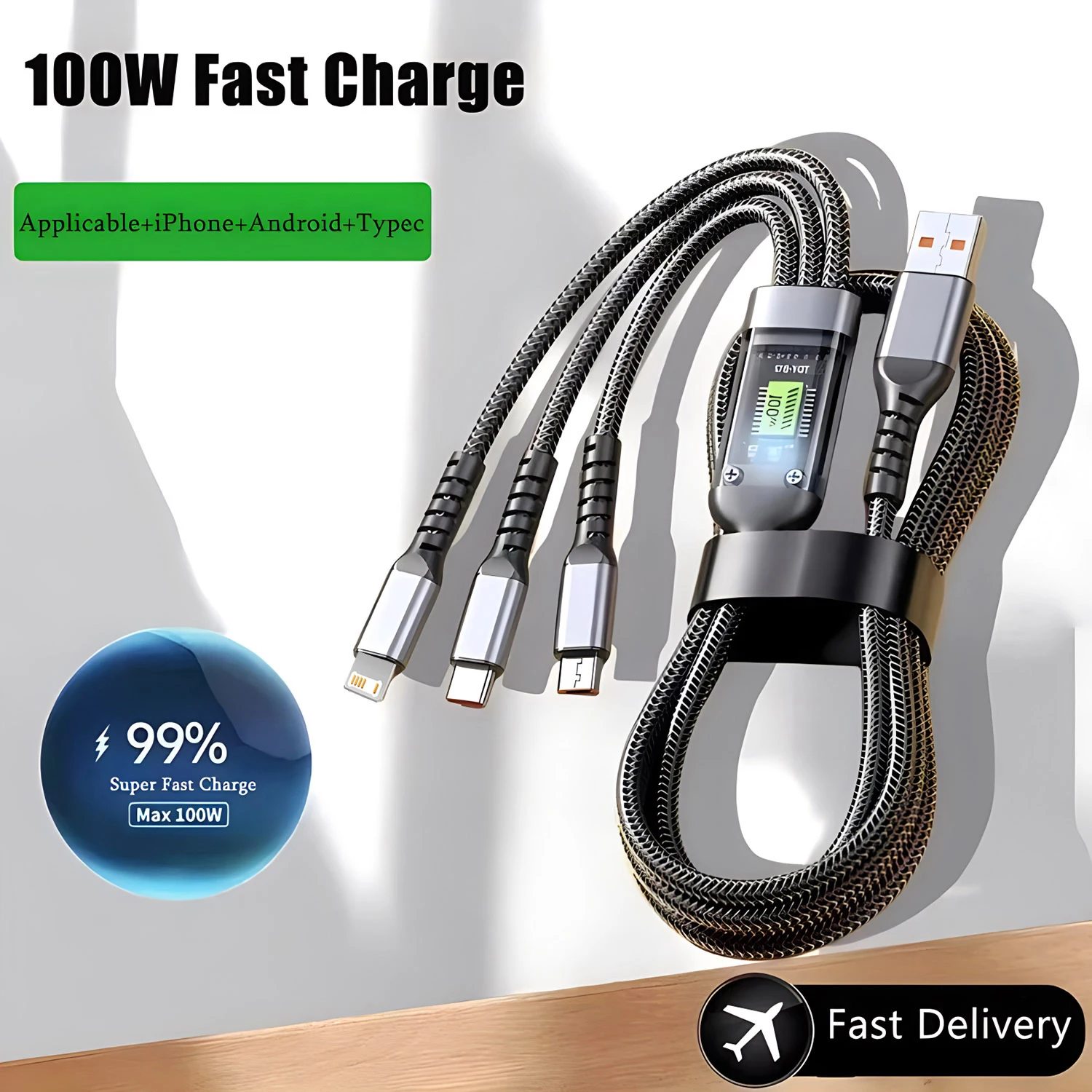 3-in-1 USB 100W 6A Schnellladekabel Auto USB auf Typ-C Micro LIGHTNING Kabel für iPhone 16 15 14 13 Samsung Xiaomi Huawei