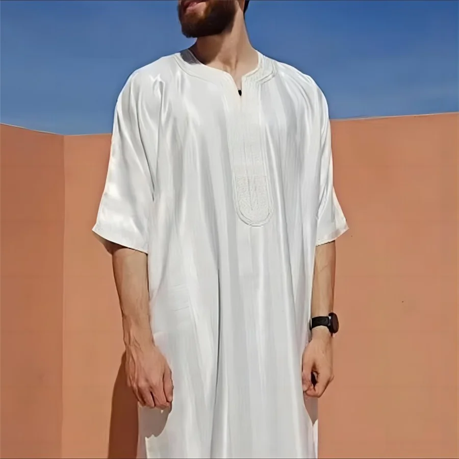 2025 新しい男性イスラム教徒アバヤイスラム服メンズ刺繍ストライプ Jubba トーブモロッコドバイカフタンイード祈りローブドレス