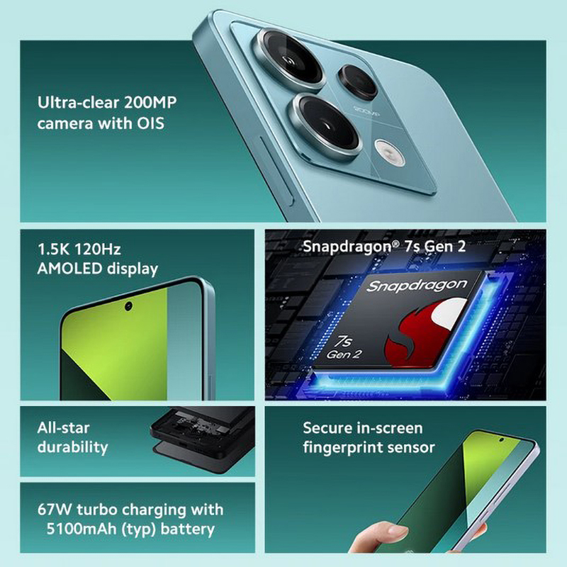 Global Version Xiaomi Redmi Note 13 Pro 5G Snapdragon 7s Gen 2 200MP OIS Camera 67W Turbo Charging 120Hz AMOLED NFC
