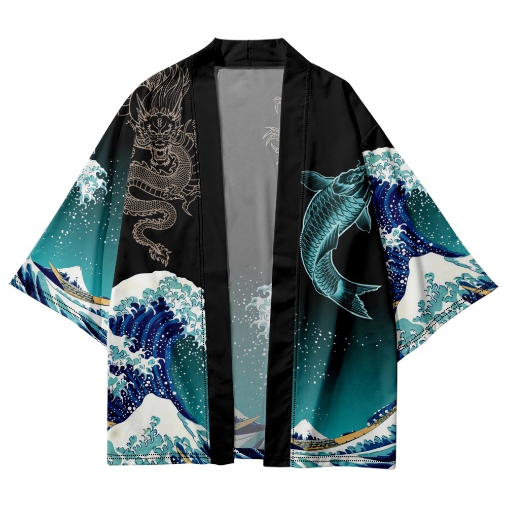 Japanischer Kimono für Männer und Frauen, Wellenkarpfen, Mantel mit 3D-Druckmuster, grüne traditionelle Haori-Strickjacke, japanische schwarze Strandkleidung