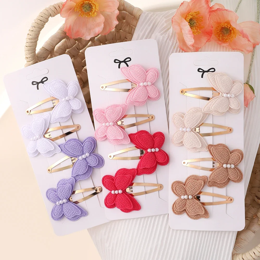 4 ชิ้น/เซ็ตผีเสื้อชุดคลิปผมสําหรับสาว Double Layered Bow น่ารัก Bangs ผมผ้าฝ้ายปลอดภัยเด็กทารกอุปกรณ์เสริมผมชุด