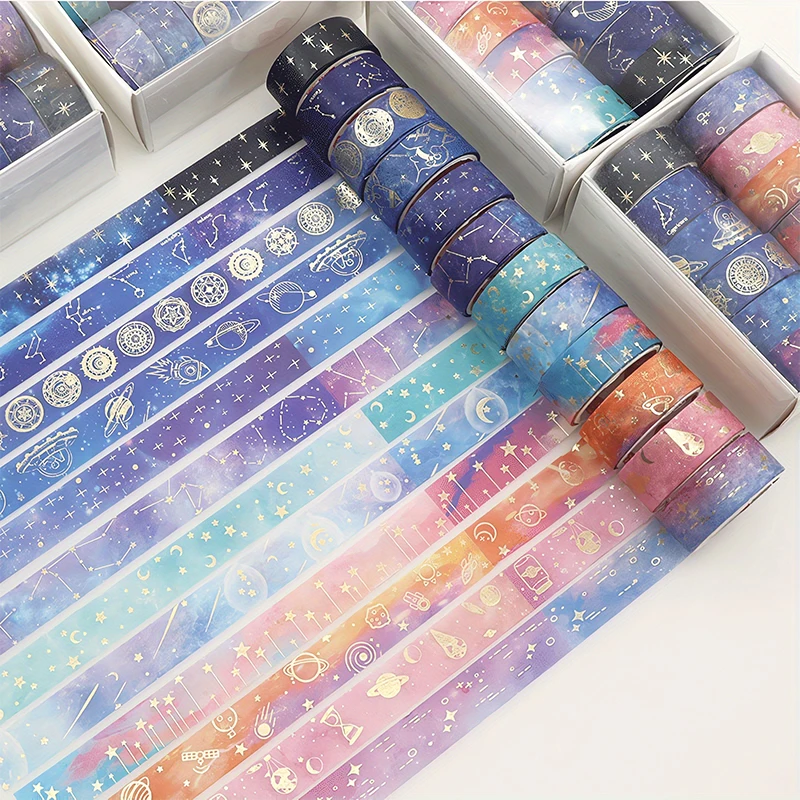 12pcs 골드 호일 별이 빛나는 하늘 Washi 테이프 세트-스크랩북, 공예 및 휴일 파티 장식을위한 프리미엄 접착 스티커