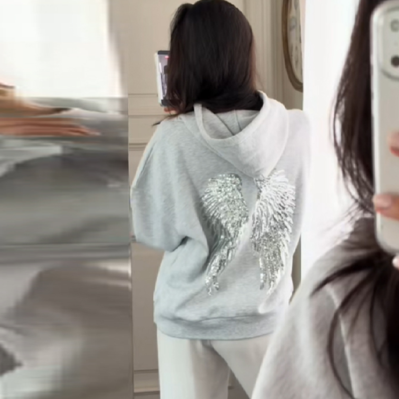 Feminino brilhante lantejoulas asas de anjo com capuz jaqueta calça manga longa solta casual com capuz pulôver 2025 nova senhora y2k outono outwears