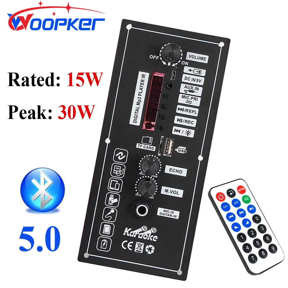 Placa amplificadora WOOPKER de 3,7 V, amplificador de 30W con Control remoto, compatible con micrófono de disco U auxiliar Bluetooth para altavoz de 5-8 pulgadas, bricolaje para el hogar y el coche