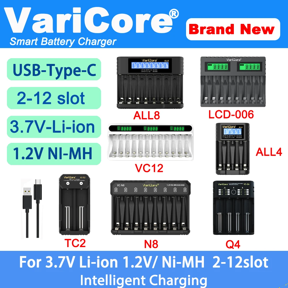 VariCore-cargador de batería inteligente portátil, 2-12 ranuras, para litio 3,7 V, 18650, 26650, 21700, 18500, 18350, 1,2 V, NI-MH, ni-cd, AA AAA