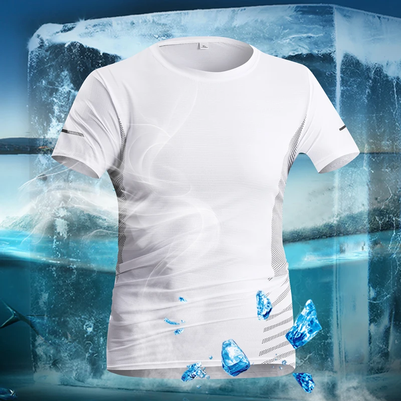 ランニング Tシャツ男性夏のアイスシルク薄いトップ反射印刷速乾性半袖通気性フィットネススポーツ Tシャツ 5XL