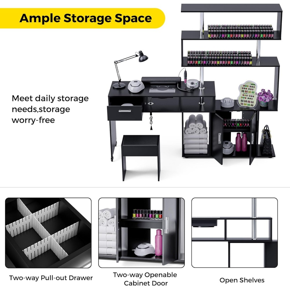 Nail Tables.Manicure Table Nail Desk with Stool, Rotating L-Shaped Nail Tech Desk with Dust Collector, Two-Way Drawer, Cabinet