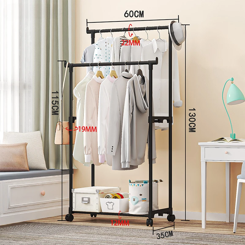 Clothes Rack Floor Standing Double Rod Double-Rod Multifunctional Telescopic Coat Rack With Wheels For Clothes Hats And Shoe