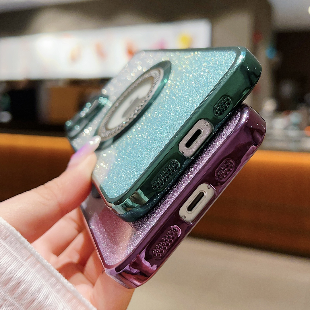 Casing berkilau lubang LOGO berlian mewah untuk iPhone 15 14 Plus 12 11 13 Pro Max Plating bening untuk Magsafe penutup tahan guncangan magnetik