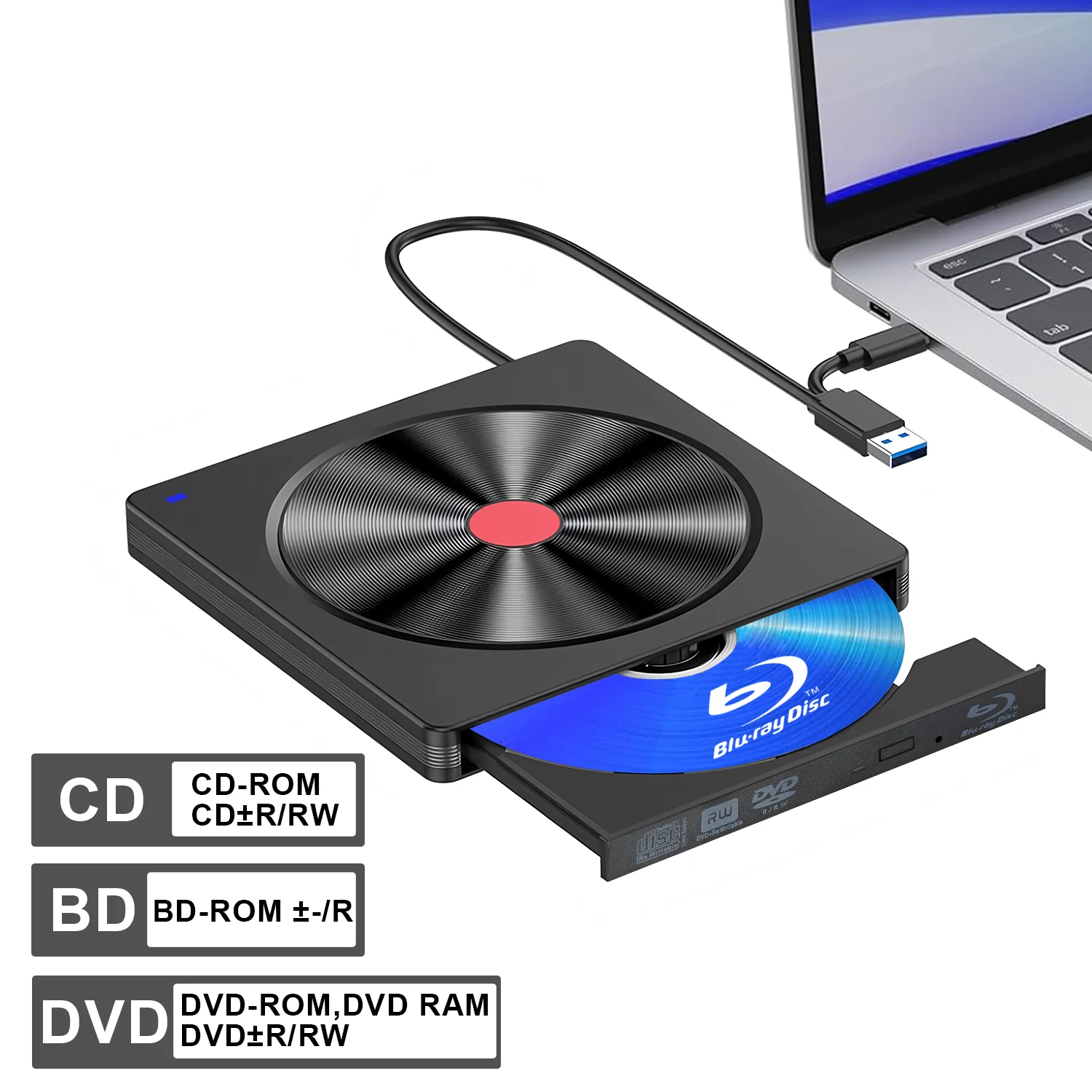Externes Blu-ray-Laufwerk, USB 3.0- und Typ-C-BD-Lesegerät, DVD/CD-Brenner – tragbarer Blu-ray-Player für Laptop-PC, Windows/Linux/Mac OS