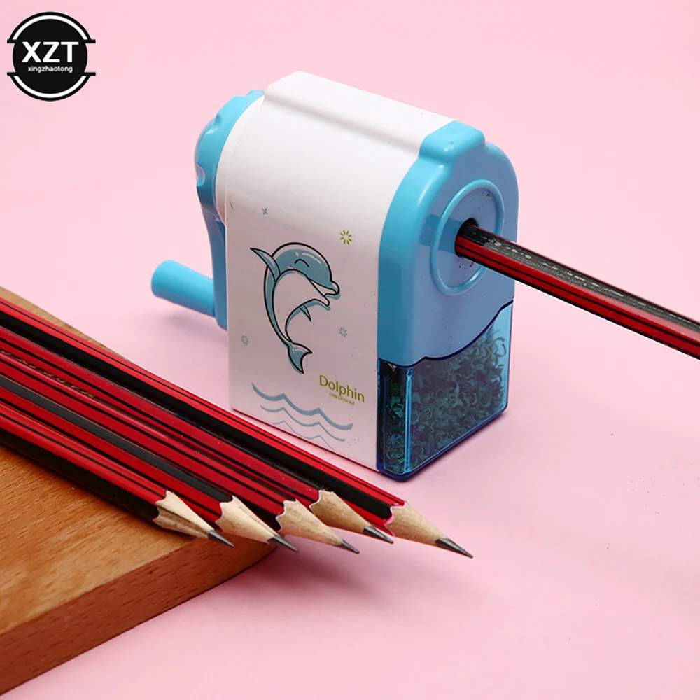 Herramientas para cuchillos de lápiz, sacapuntas giratorio con forma de delfín, hoja de larga duración, papelería escolar, sacapuntas de manivela para niños